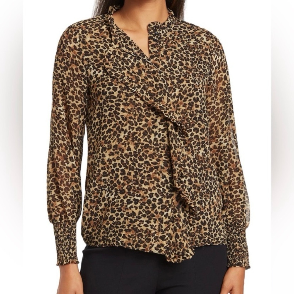 T Tahari Leopard Print Ruffle Button Front Blouse Size Medium